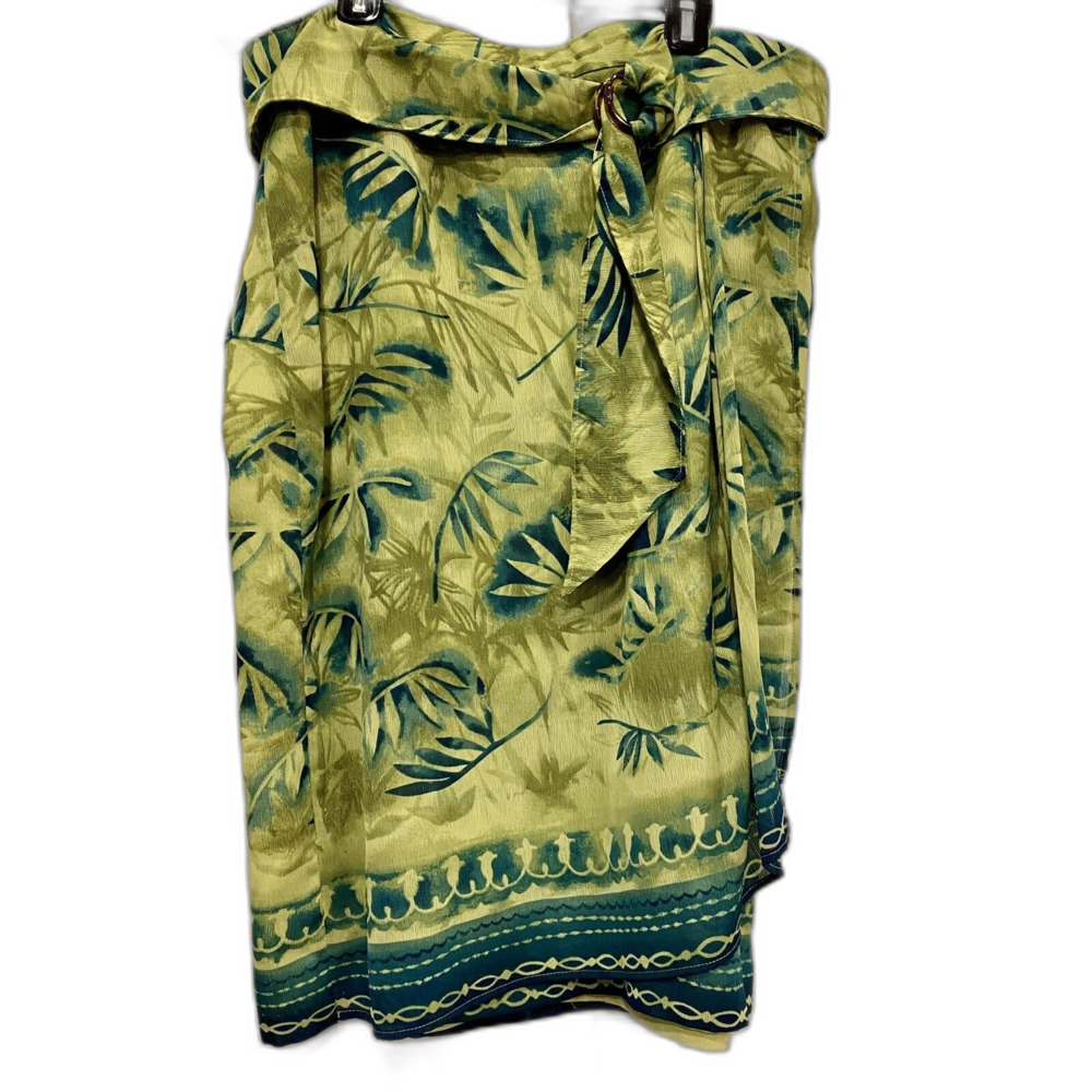 Tropical WRAP Skirt Palm Tree Belted Sash Midi Green/Yellow Size 14 NWT
